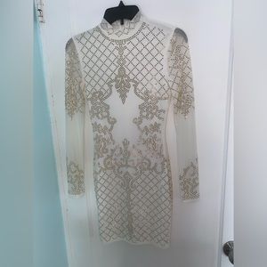 Gold rhinestone body con white dress
